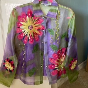 Vintage 80's Silk Appliqued Floral Blouse and Camisole Tank Size Medium